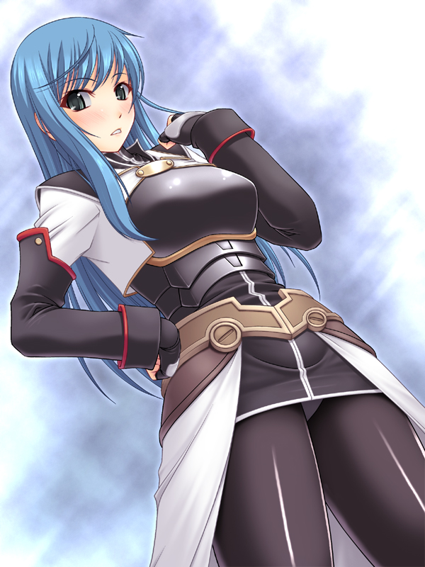 1girl abu black_pantyhose black_skirt blue_background blue_hair blush cowboy_shot female_focus from_below green_eyes jacket long_hair maria_traydor miniskirt panties panties_under_pantyhose pantyhose skirt solo star_ocean star_ocean_till_the_end_of_time underwear