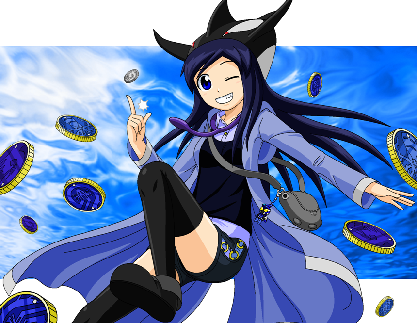 1girl bag black_thighhighs blue_eyes blue_hair cell_medal character_doll charm_(object) core_medal female_focus grin hat jacket kamen_rider kamen_rider_ooo kamen_rider_ooo_(series) looking_at_viewer matching_hair/eyes mezul one_eye_closed orca redol shauta_(ooo_combo) shoulder_bag smile solo thighhighs wink