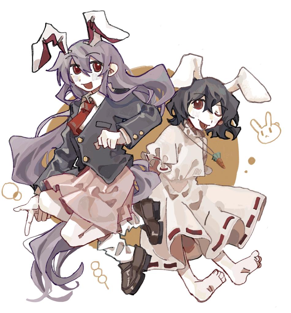 2girls ;p aaayamitsu absurdly_long_hair animal_ears ankle_socks back-to-back barefoot black_hair black_jacket blazer brown_footwear buttons carrot_necklace circle clenched_hand closed_mouth collared_dress collared_shirt dango dress finger_gun floppy_ears food frilled_dress frilled_sleeves frills full_body hair_between_eyes inaba_tewi jacket jewelry layered_sleeves light_blush loafers long_dress long_hair long_sleeves miniskirt multiple_girls necklace necktie one_eye_closed open_mouth pink_dress pink_skirt pleated_dress pleated_skirt pocket puffy_short_sleeves puffy_sleeves purple_hair rabbit rabbit_ears red_eyes red_necktie reisen_udongein_inaba ribbon-trimmed_dress ribbon_trim shirt shoes short_hair short_sleeves skirt smile socks soles toes tongue tongue_out touhou very_long_hair wagashi white_background white_shirt white_socks