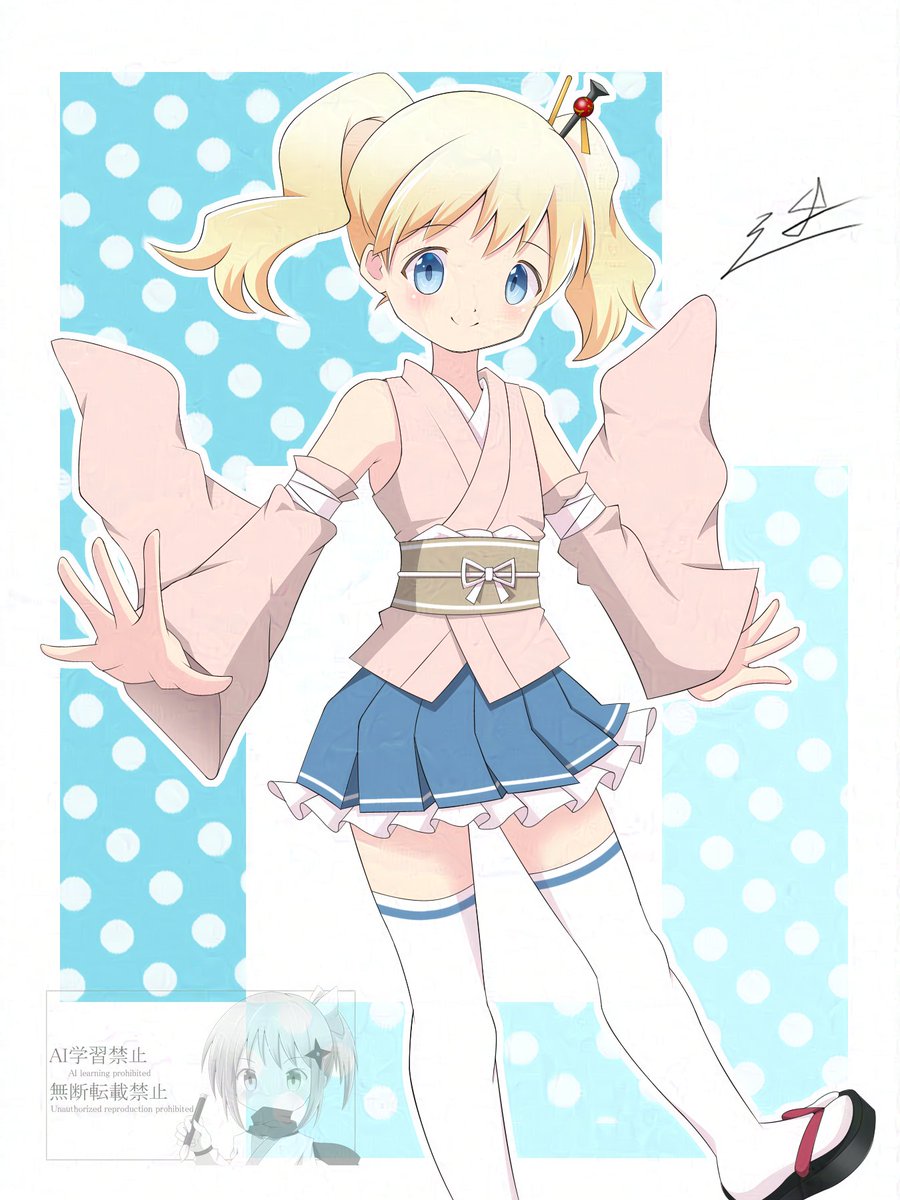 2girls alice_cartelet alternate_costume blonde_hair blue_eyes blue_skirt blush closed_mouth dot_nose hair_ornament highres holding japanese_text kin-iro_mosaic long_sleeves looking_at_viewer multiple_girls panda_ousei2 sandals skirt smile standing thighhighs translated upper_body