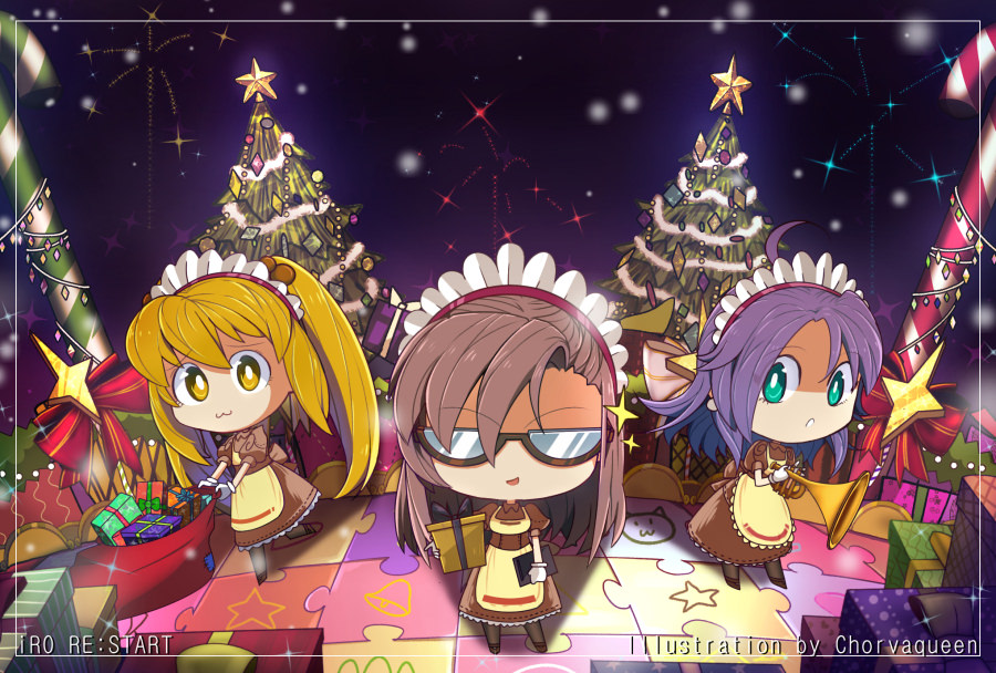 3girls :3 aerial_fireworks ahoge apron blonde_hair blue_eyes boots box bright_pupils brown-framed_eyewear brown_boots brown_dress brown_hair candy candy_cane chibi chibi_only chorvaqueen christmas christmas_tree clipboard closed_mouth commentary curly_sue dress english_commentary fireworks food frilled_apron frills full_body gift gift_box glasses gloves holding holding_clipboard holding_gift kafra_uniform leilah_(ragnarok_online) long_hair looking_at_viewer maid maid_headdress multiple_girls opaque_glasses open_mouth pavianne_(ragnarok_online) puffy_short_sleeves puffy_sleeves purple_hair puzzle_piece ragnarok_online sack semi-rimless_eyewear short_sleeves smile sparkle standing twintails under-rim_eyewear white_gloves white_pupils yellow_eyes