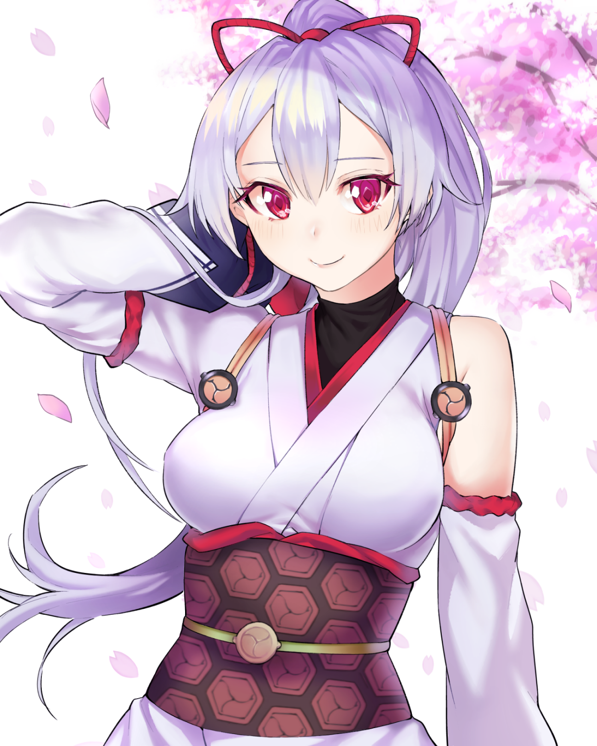 archer_inferno armpits bad_id bad_pixiv_id blush fate/grand_order fate_(series) hair_between_eyes highres japanese_clothes long_hair miko ponytail red_eyes sakura solo white_hair