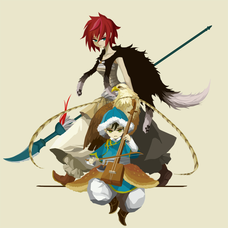 1boy 1girl bad_id bad_pixiv_id bird cape feathers fur hawk hut instrument nona_drops polearm red_hair sarashi shut_hell shut_hell_(character) simple_background spear weapon yaralt yurul