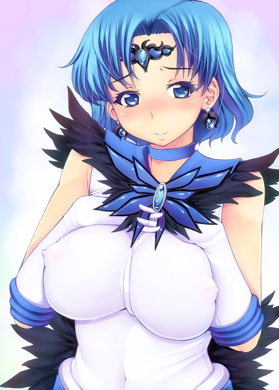 1girl bishoujo_senshi_sailor_moon blue_eyes blue_hair blue_sailor_collar blush breast_press breasts choker covered_erect_nipples dark_mercury dark_persona earrings female_focus gloves highres jewelry large_breasts light_smile matching_hair/eyes mizuno_ami nipples pretty_guardian_sailor_moon red-rum sailor_collar sailor_mercury short_hair solo white_gloves