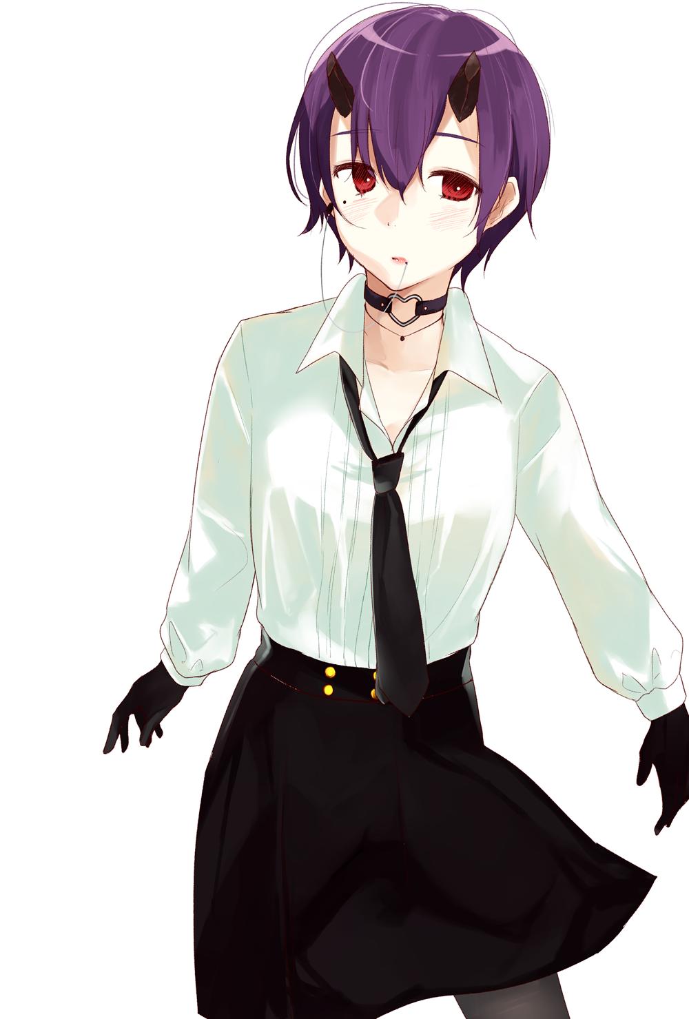 1girl black_legwear blush breasts demon_girl demon_horns highres horns princess_connect! purple_hair red_eyes ringo_no_tart shinobu_(princess_connect!) skirt small_breasts