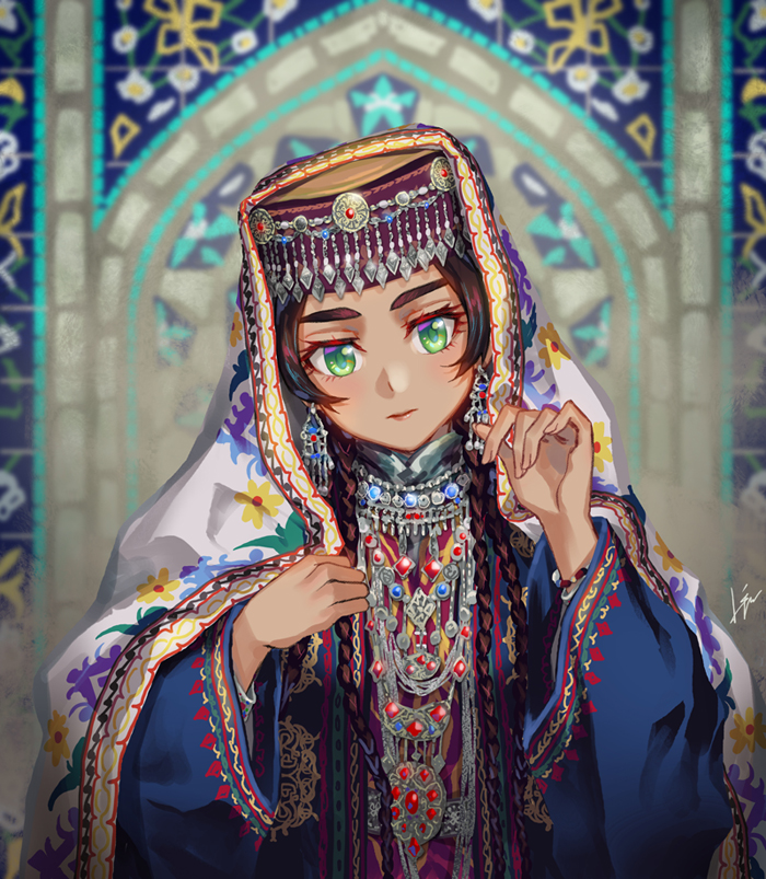 1girl black_hair braid dark-skinned_female dark_skin earrings female_focus green_eyes head_tilt headdress jewelry kws multiple_braids necklace original scarf signature solo