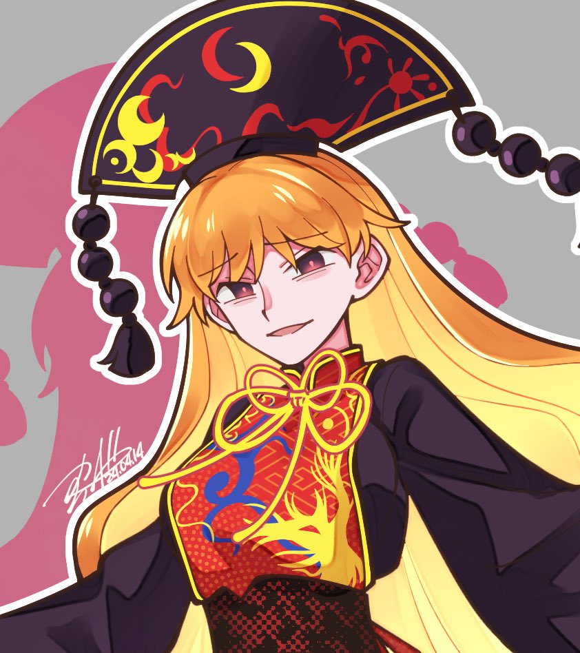 1girl animal_print arms_up belt bird_print black_belt black_dress black_hat blonde_hair breasts chinese_clothes colored_inner_hair commentary_request crescent crescent_print dated dress grey_background hair_between_eyes hat junko_(touhou) long_hair long_sleeves looking_at_viewer mandarin_collar medium_breasts multicolored_hair neck_ribbon open_mouth orange_hair phoenix_crown phoenix_print pink_eyes pom_pom_(clothes) red_ribbon red_tabard ribbon shadow shikido_(khf) signature simple_background smile solo tabard tassel touhou upper_body wavy_hair wide_sleeves yellow_ribbon