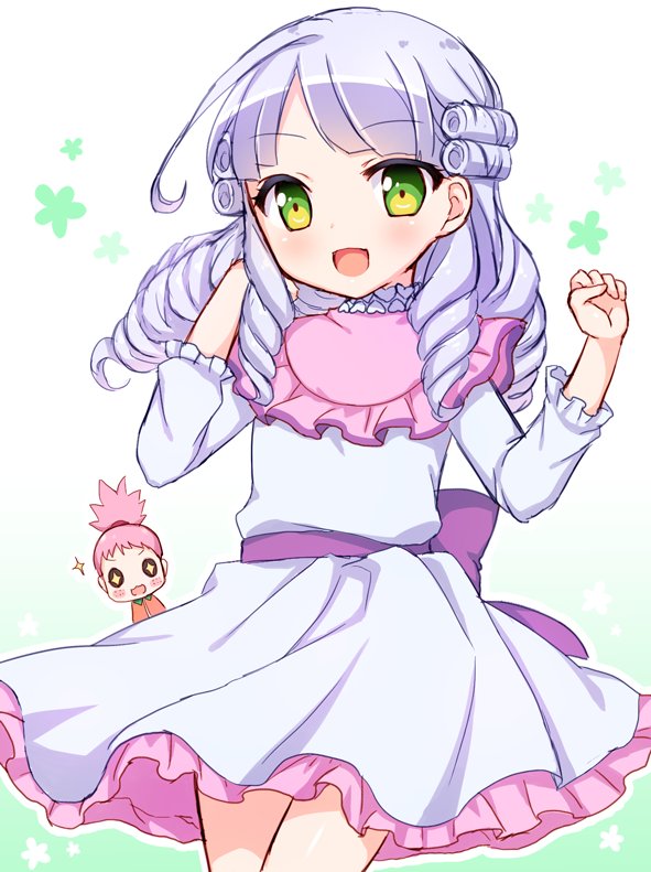 +_+ 2girls adaajt aged_down chibi commentary_request cowboy_shot dress drill_hair frilled_dress frills green_eyes grey_hair kiki_ajimi long_hair long_sleeves looking_at_viewer multiple_girls open_mouth pink_hair pretty_series pripara shikyoin_hibiki short_hair simple_background smile solo_focus sparkle standing white_dress