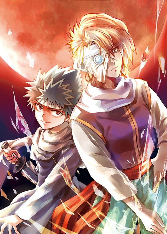 1boy 1girl black_hair brown_hair full_moon headband height_difference hiei holding holding_sword holding_weapon looking_at_viewer monocle moon mukuro_(yu_yu_hakusho) red_eyes red_moon sash short_hair smile sword upper_body weapon xiecangjie yuu_yuu_hakusho