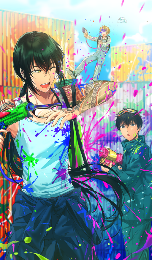 3boys arash_(fate) arm_tattoo backpack bag bare_arms billy_the_kid_(fate) black_eyes black_hair blonde_hair blue_jumpsuit blue_sky cloud cloudy_sky commentary dangmill dual_wielding fate/grand_order fate_(series) flower_tattoo goggles goggles_around_neck goggles_on_head green_eyes green_jacket green_pants hair_between_eyes headshot high_collar holding jacket jumpsuit long_hair long_sleeves low_ponytail male_focus midair motion_blur multiple_boys official_alternate_costume official_art one_eye_closed open_jumpsuit open_mouth outdoors paint_gun paint_on_body paint_on_clothes paint_splatter paint_splatter_on_face paintball pants ponytail shipping_container short_hair sidelocks sky smile tank_top tattoo tattoo_sleeve third-party_source tied_jumpsuit two-handed unworn_goggles white_jumpsuit yan_qing_(fate) yin_yang
