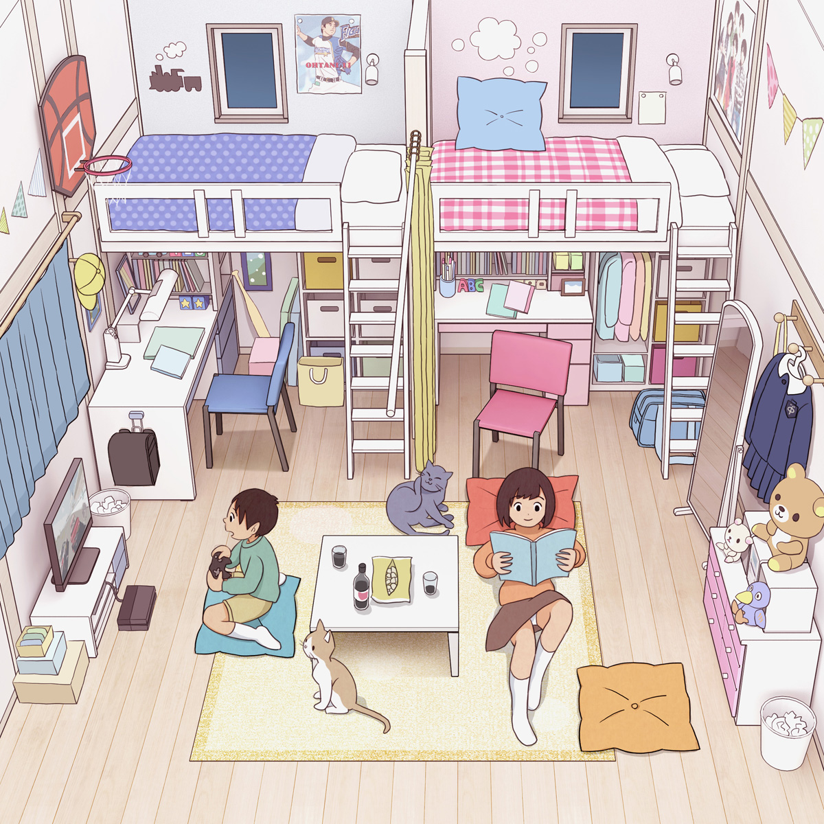 1boy 1girl absurdly_detailed_composition bra brother_and_sister cat curtains desk dressing fixed-point_camera full_body highres indoors kiyo_(kyokyo1220) loaded_interior loft_bed lying male_underwear ootani_shouhei original panties playing_games reading shirt siblings standing television time_lapse underwear white_bra white_male_underwear white_panties white_shirt window