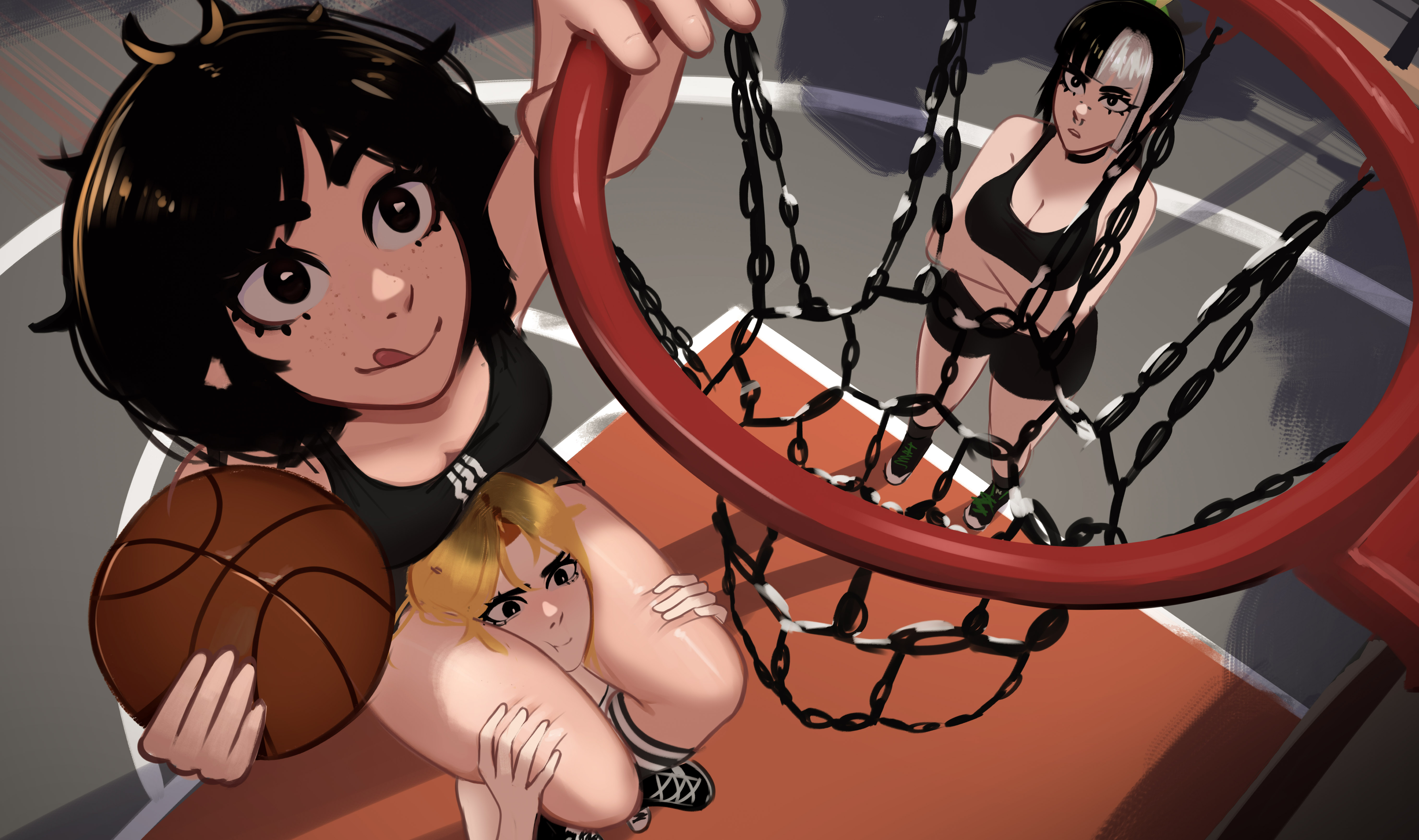 3girls absurdres adidas ball bare_shoulders basketball basketball_(object) basketball_hoop black_eyes black_hair blonde_hair face_piercing freckles highres holding holding_ball jessie_(veyonis) lip_piercing long_hair mika_(veyonis) multiple_girls nose_piercing original piercing playing_sports short_hair smile sports_bra thighs veyonis yuna_(veyonis)