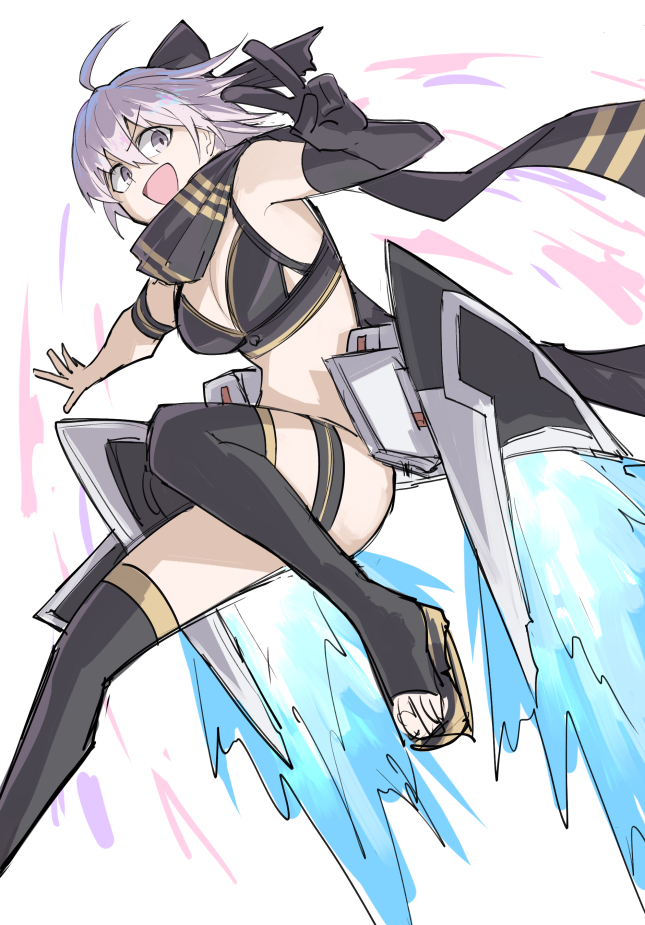 1girl :d ahoge bikini black_bikini black_gloves black_scarf black_thighhighs elbow_gloves fate/grand_order fate_(series) flying gloves grey_eyes grey_hair jet_engine jumping kankan33333 looking_at_viewer medium_hair okita_j._souji_(fate) okita_j._souji_(first_ascension)_(fate) okita_souji_(fate) open_mouth sandals scarf smile solo swimsuit thigh_strap thighhighs v