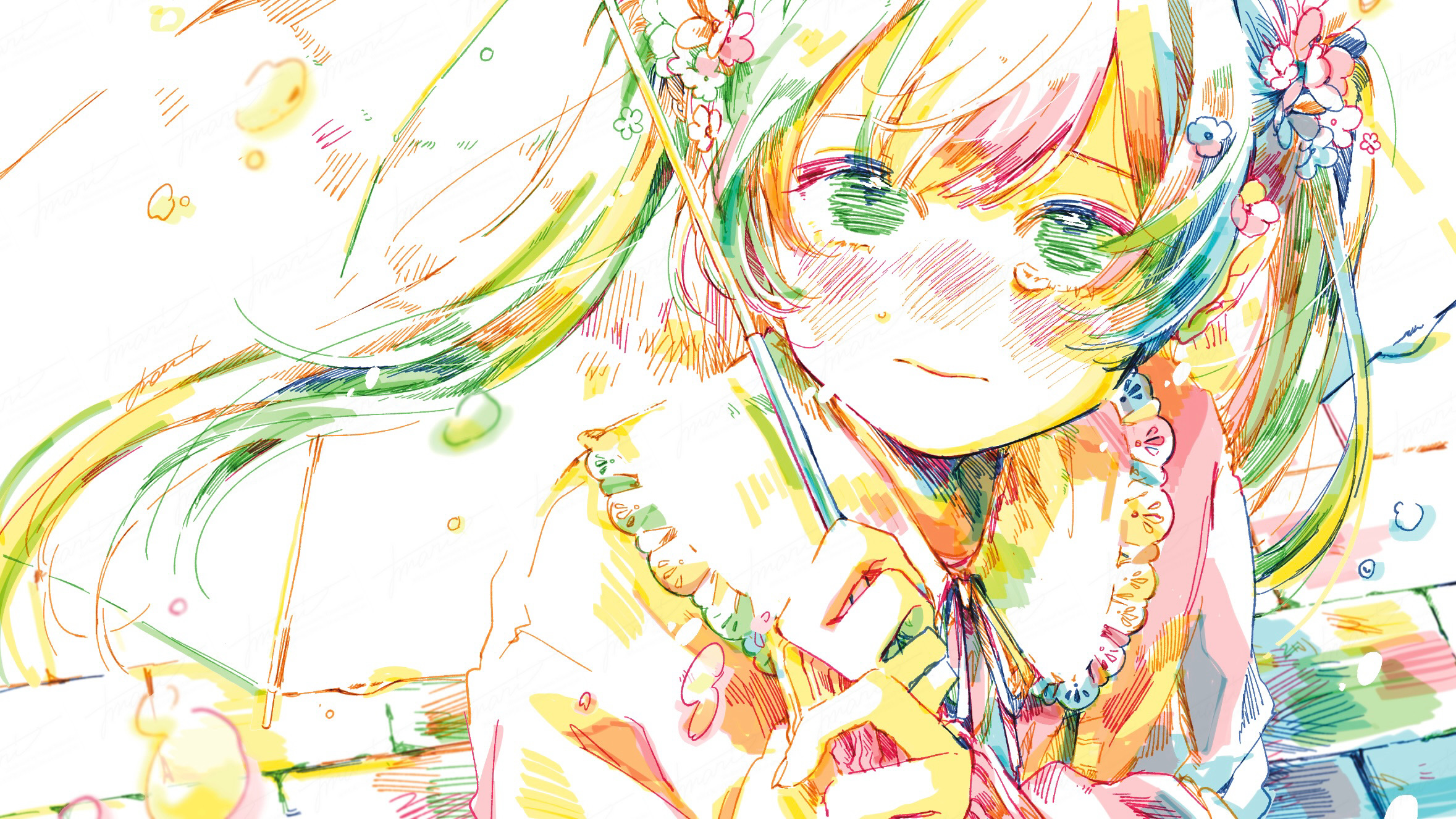 1girl blush brick_road closed_mouth flower hair_flower hair_ornament hatching_(texture) hatsune_miku highres holding holding_umbrella long_hair looking_at_viewer melt_(vocaloid) outdoors signature solo tears twintails umbrella upper_body vocaloid watanabe_tomari