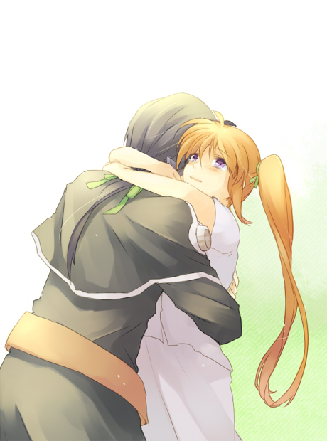 00s 1boy 1girl black_hair blue_eyes blush brown_hair chrono_harlaown coat dress gradient_background hair_ribbon hetero hug long_hair lyrical_nanoha mahou_shoujo_lyrical_nanoha_strikers overcoat ponytail ribbon side_ponytail smile standing takamachi_nanoha takana_(nanao) triangle_heart triangle_heart_3 triangle_heart_3_lyrical_toy_box white_dress