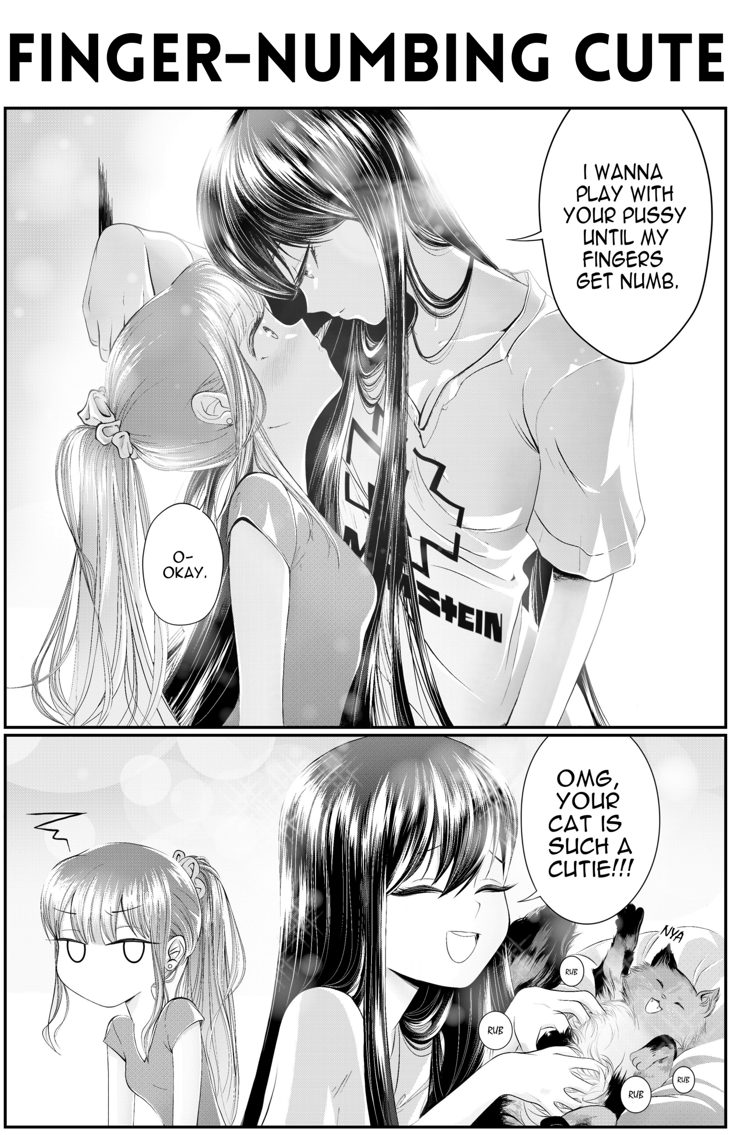 2girls 2koma :d animal bait_and_switch band_shirt blush breasts cat closed_eyes closed_mouth comic commentary disappointed english_commentary english_text eye_contact greyscale grs- hair_ornament hair_scrunchie height_difference highres kabedon long_hair looking_at_another merchandise misunderstanding monochrome multiple_girls no_mouth nyan open_mouth original petting ponytail profile pun rammstein_(band) right-to-left_comic scrunchie sharon_(grs-) shirt short_sleeves smile sparkle speech_bubble squiggle talia_(grs-) teeth upper_teeth_only you're_doing_it_wrong yuri