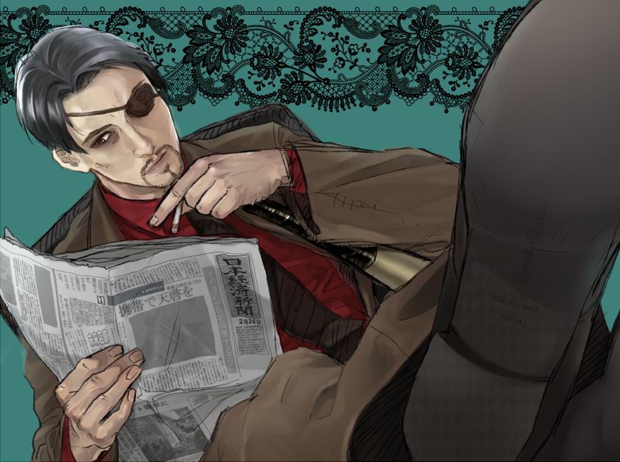 baseball_bat black_eyes black_hair cigarette closed_mouth expressionless eyepatch facial_hair formal_clothes goatee holding holding_cigarette index_finger_raised lace_background looking_at_object looking_down majima_goro newspaper nikutarou pale_skin ryuu_ga_gotoku_(series) sitting suit