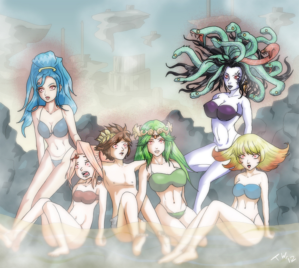 1boy 5girls alternate_costume amazon_pandora aura bare_shoulders bikini black_hair blonde_hair blue_hair breasts brown_hair chaos_kin cleavage commentary corruption dark_persona english_commentary flat_chest frown glowing glowing_eyes kid_icarus kid_icarus_uprising long_hair looking_at_another looking_at_viewer medusa_(kid_icarus) multiple_girls nintendo onsen open_mouth palutena parted_lips phosphora pink_hair pit_(kid_icarus) ponytail possessed possession red_eyes short_hair shorts snake snake_hair swimsuit trishbot viridi