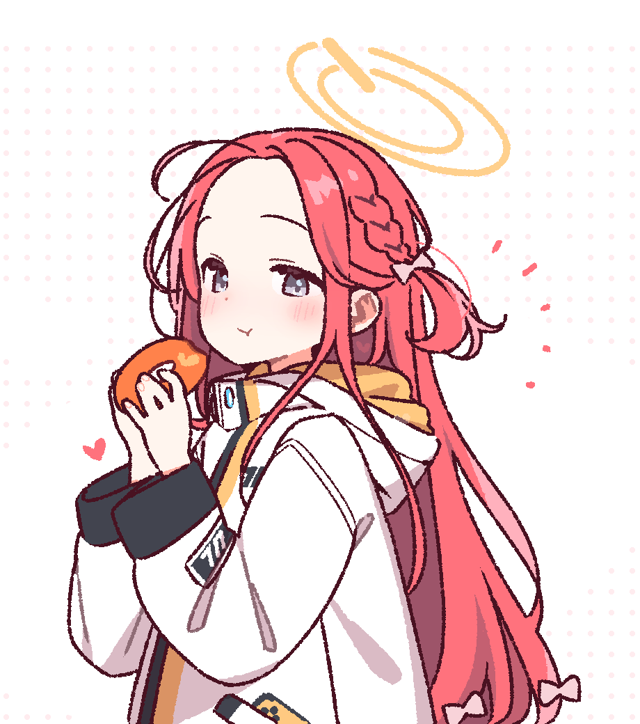 1girl blue_archive bow braid closed_mouth commentary donut eating food forehead grey_eyes hair_bow halftone halftone_background halo heart holding holding_food jacket long_hair orange_halo red_hair single_braid upper_body white_background white_jacket yoru_nai yuzu_(blue_archive)