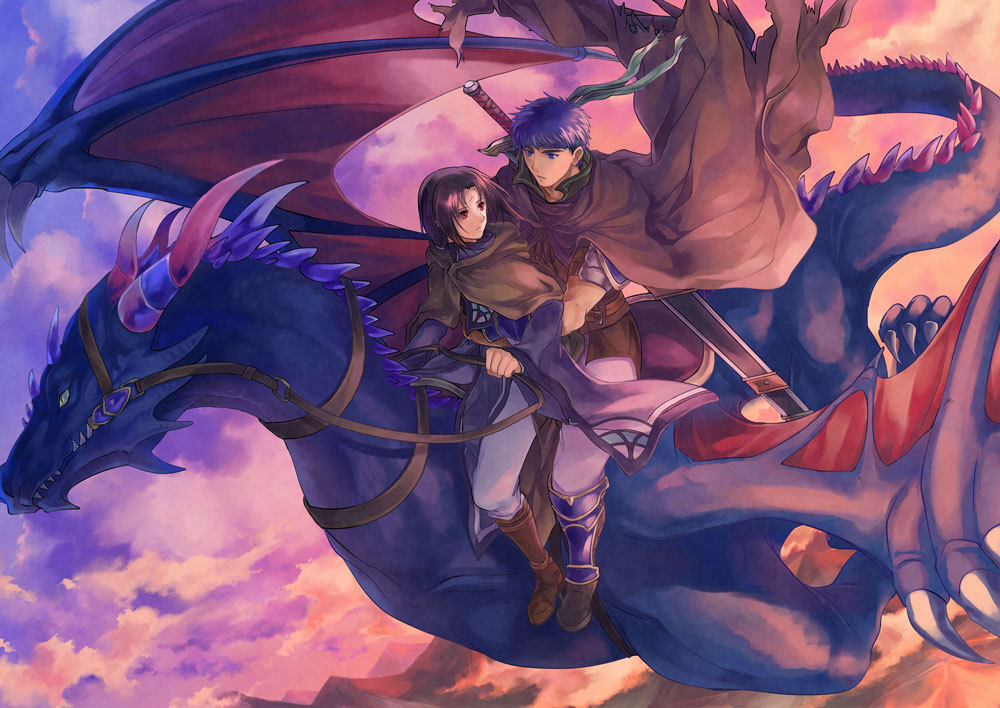 2boys arms_around_waist black_hair blue_eyes blue_hair cloak dragon facial_mark fire_emblem fire_emblem:_radiant_dawn forehead_mark headband ike_(fire_emblem) male_focus multiple_boys nemupon_(goodlucky) nintendo red_eyes riding_dragon short_hair soren_(fire_emblem) sword sword_on_back weapon weapon_on_back wyvern