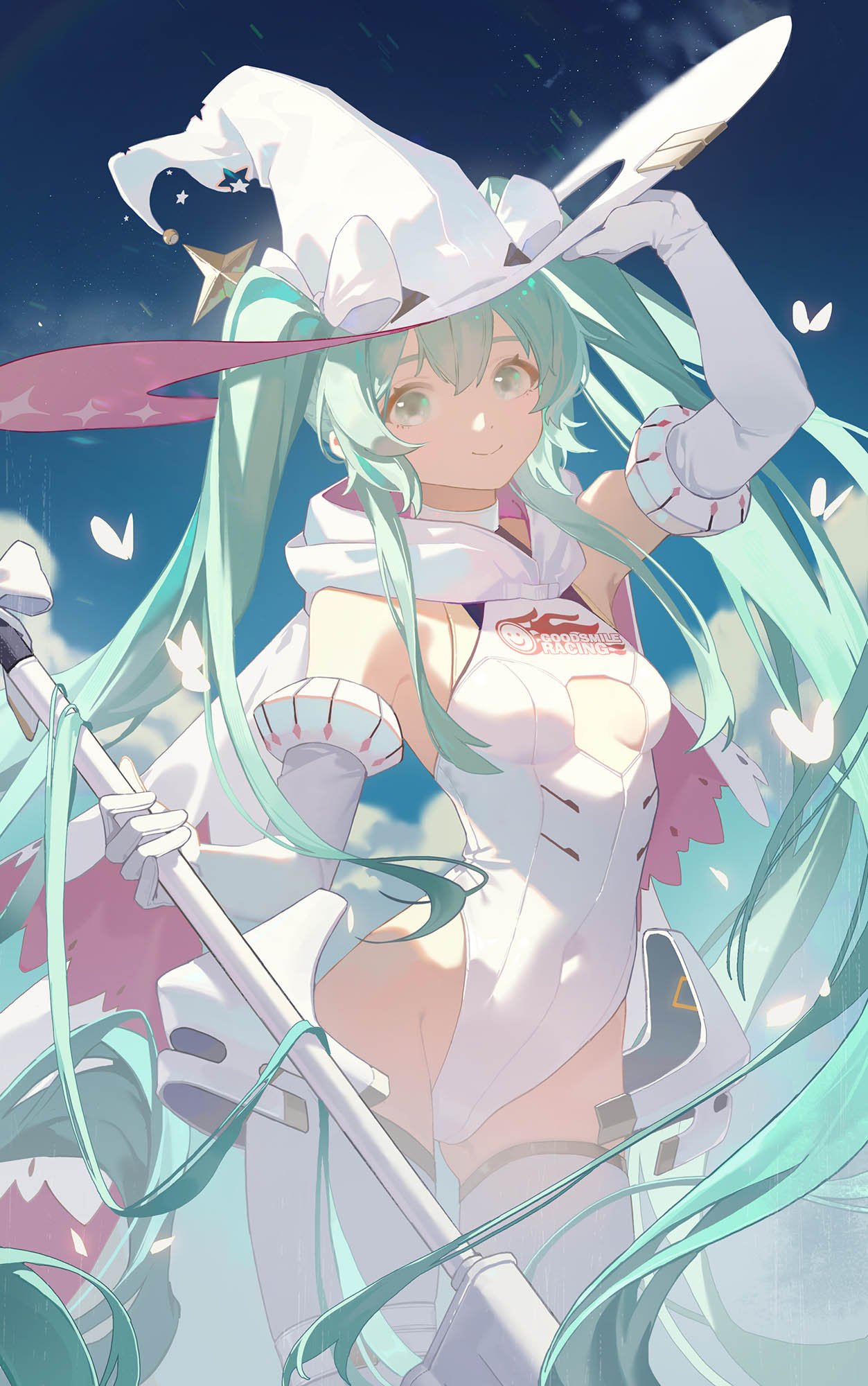 1girl armpits blue_eyes blue_hair blue_sky bow broom bug butterfly capelet closed_mouth clothes_writing clothing_cutout cloud covered_navel elbow_gloves falling_petals gloves goodsmile_racing hair_between_eyes hair_through_headwear hand_up hat hat_bow hatsune_miku highleg highleg_leotard highres hip_gear holding holding_broom hooded_leotard insect leotard logo long_hair looking_at_viewer mechanical_broom navel outdoors pantyhose petals racing_miku racing_miku_(2024) sidelocks sky smile solo twintails two-sided_fabric two-sided_headwear two-sided_hood very_long_hair vocaloid white_bow white_butterfly white_capelet white_gloves white_hat white_leotard white_pantyhose witch_hat yoyogur