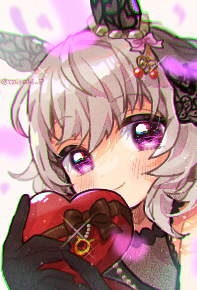 1girl animal_ears black_gloves black_shirt blush bow box brown_bow chromatic_aberration closed_mouth commentary curren_chan_(sakutsuki_ma_cherie)_(umamusume) curren_chan_(umamusume) doradorakingyo ear_covers eyelashes gloves grey_bow heart-shaped_box horse_ears looking_at_viewer pink_bow pink_eyes shirt short_hair smile solo sparkle symbol-only_commentary umamusume