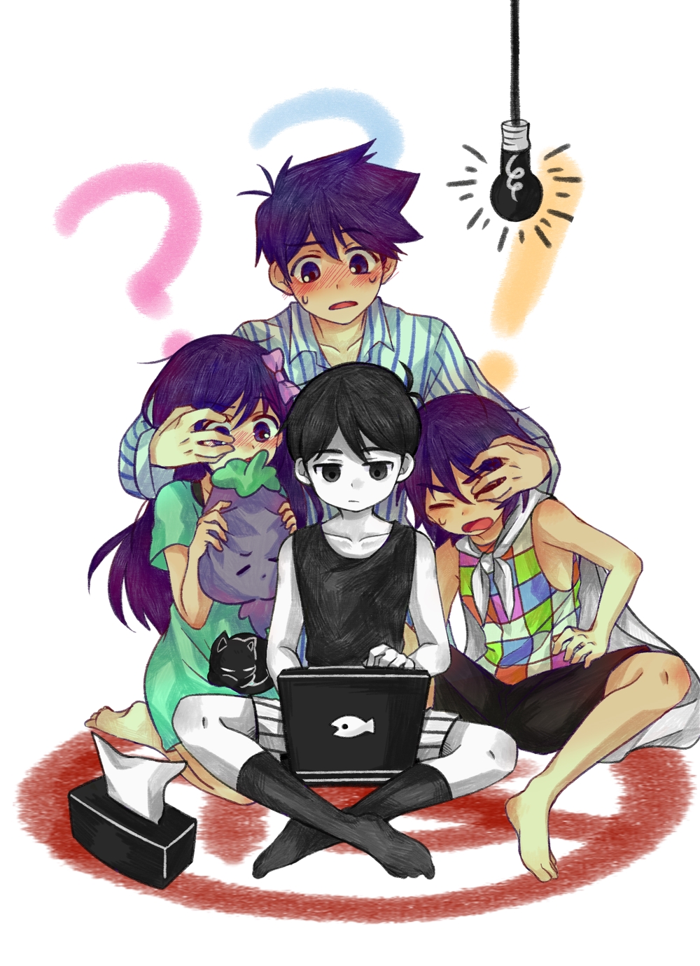 ! 1girl 3boys ? ?? aubrey_(headspace)_(omori) aubrey_(omori) black_eyes black_hair black_shirt black_socks black_tank_top blue_dress blue_shirt blush bow cape cat closed_eyes closed_mouth collarbone commentary_request computer crossed_ankles dress expressionless full_body hair_between_eyes hair_bow hero_(headspace)_(omori) hero_(omori) highres holding holding_stuffed_toy jitome kel_(headspace)_(omori) kel_(omori) laptop light_bulb linglanjunying long_hair mewo mr._plantegg multicolored_clothes multicolored_shirt multiple_boys nose_blush omori omori_(omori) open_mouth pajamas pale_skin purple_bow purple_hair shirt short_hair short_sleeves shorts simple_background sitting sleeveless sleeveless_shirt socks striped_clothes striped_shirt stuffed_toy sweatdrop tank_top tissue_box white_background white_cape white_shorts