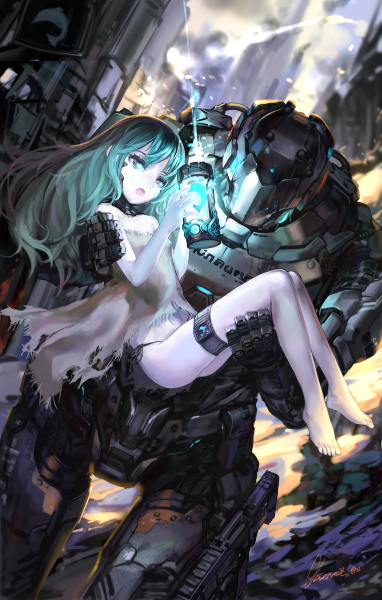 1girl armor bad_id bad_pixiv_id barefoot carrying colored_skin dress dutch_angle green_eyes green_hair gun highres long_hair long_legs looking_at_viewer mecha navel observerz open_mouth original panties princess_carry rags robot side-tie_panties signature string_panties thigh_strap torn_clothes underwear weapon white_skin