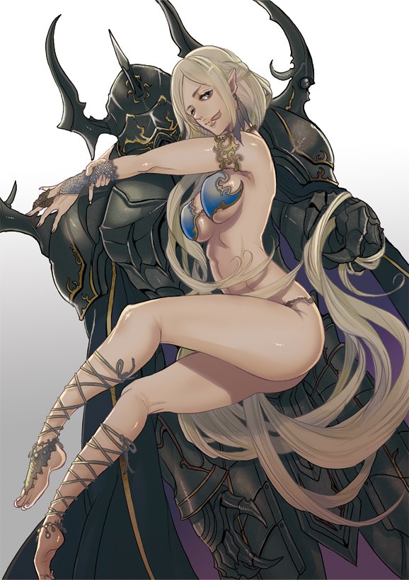 1girl armor barbariccia barefoot bikini black_armor black_gloves blonde_hair breasts cape final_fantasy final_fantasy_iv full_armor full_body gloves golbez helmet long_hair masakikazuyoshi medium_breasts smile solo swimsuit very_long_hair