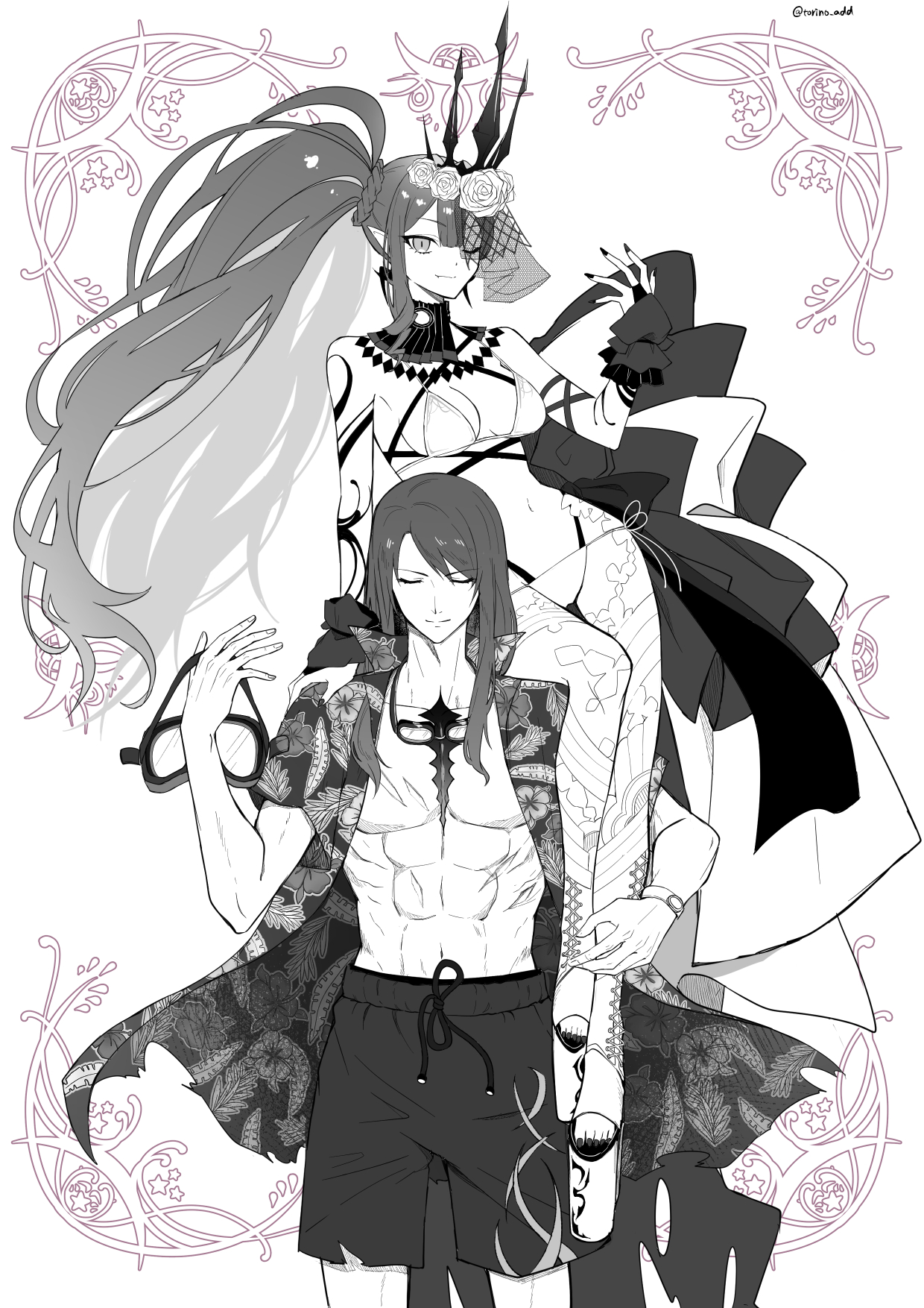1boy 1girl baobhan_sith_(fate) baobhan_sith_(swimsuit_pretender)_(fate) baobhan_sith_(swimsuit_pretender)_(third_ascension)_(fate) bikini carrying closed_eyes fate/grand_order fate_(series) flower goggles goggles_around_neck greyscale hair_flower hair_ornament hawaiian_shirt highres male_swimwear monochrome nail_polish navel one_eye_closed platform_footwear pointy_ears scar scar_on_chest shirt shoulder_carry side_ponytail smile swim_trunks swimsuit torinonest tristan_(chicken_of_luluhawa)_(fate) tristan_(fate)