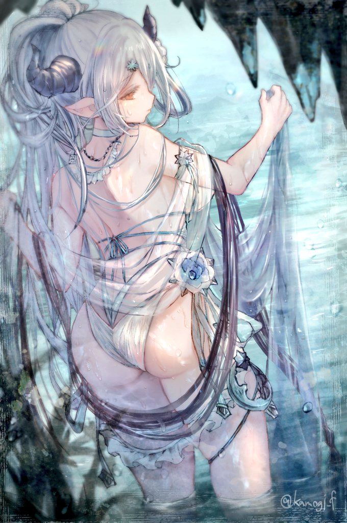 1girl ass bikini choker closed_mouth cowboy_shot day draph gamo_tako granblue_fantasy grey_hair half_updo hand_up horns izmir izmir_(summer)_(granblue_fantasy) lens_flare long_hair looking_at_viewer looking_back orange_eyes parted_bangs pointy_ears see-through_clothes solo standing swimsuit thighs twitter_username water wet wet_clothes white_bikini white_choker