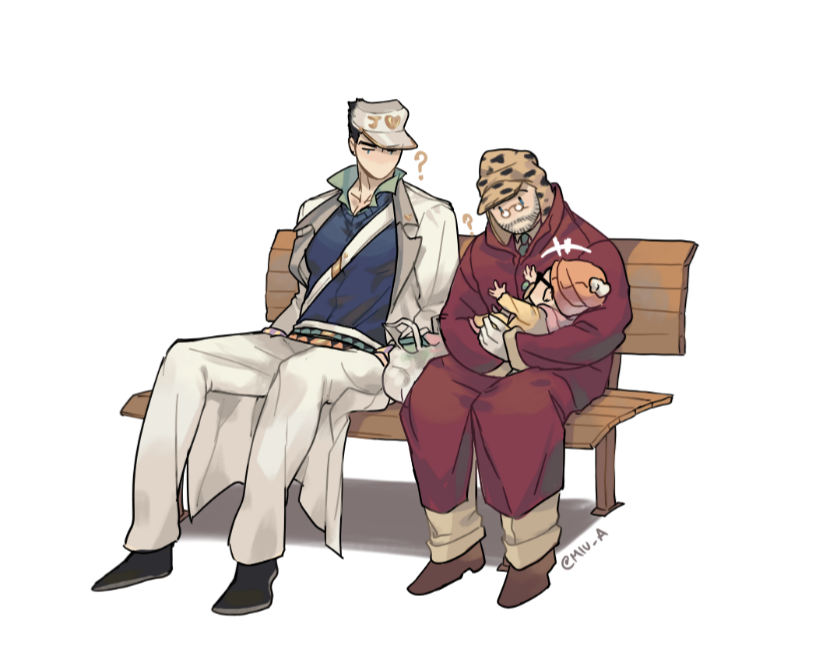 4boys ? akira_yoru alpha_transparency baby beanie bench caesar_anthonio_zeppeli confused diamond_wa_kudakenai ghost hat jojo_no_kimyou_na_bouken joseph_joestar joseph_joestar_(old) kakyoin_noriaki kuujou_joutarou long_coat multiple_boys shizuka_joestar sitting sunglasses transparent_background
