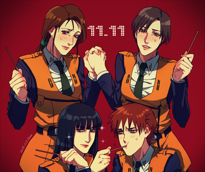 4girls black_hair blunt_bangs brown_eyes brown_hair character_check dated elina_kuroe_no_daarin food hime_cut holding_hands izumi_noa kanuka_clancy kidou_keisatsu_patlabor kumagami_takeo long_hair looking_at_viewer multiple_girls nagumo_shinobu necktie pocky pocky_day sharing_food short_hair signature smile sweatdrop uniform vest