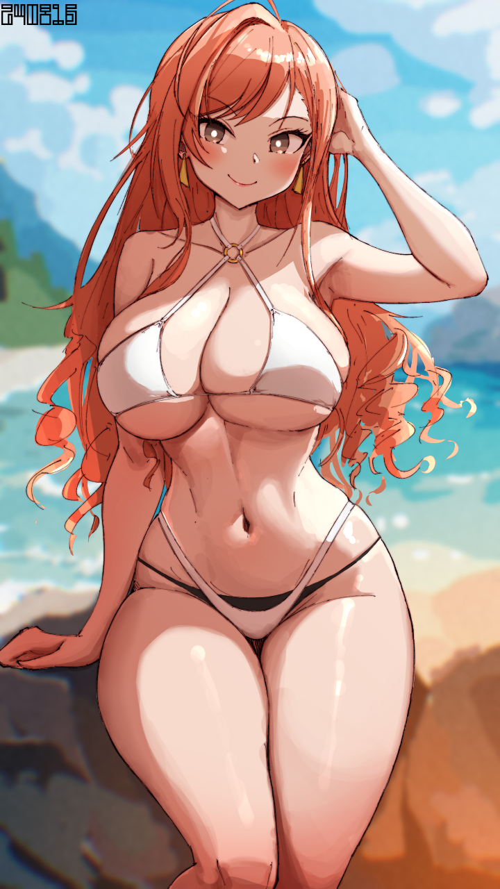 1girl ahoge arisugawa_natsuha arm_behind_head armpits bare_legs bikini blush breasts bright_pupils collarbone commentary_request criss-cross_halter dated feet_out_of_frame halterneck highleg highleg_bikini highres idolmaster idolmaster_shiny_colors koitusmile large_breasts linea_alba long_hair looking_at_viewer navel o-ring o-ring_bikini orange_hair outdoors sitting smile solo stomach swimsuit very_long_hair white_pupils