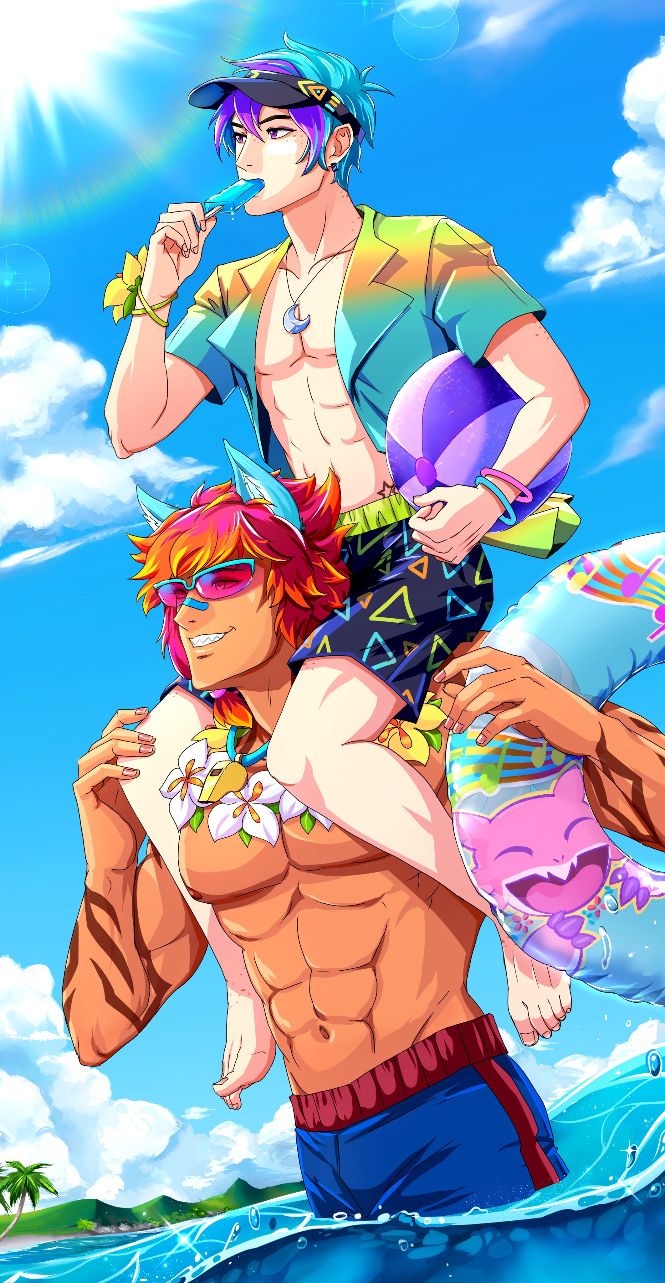 2boys abs absurdres alternate_costume animal animal_ear_fluff animal_ears aphelios arm_tattoo arm_up arms_up ball bandaid bandaid_on_face bandaid_on_nose beachball black_hat blue-framed_eyewear blue_hair blue_swim_trunks bracelet carrying cloud collared_shirt commentary crescent_moon curled_fingers ear_piercing earrings eating english_commentary explorevandis eyes_visible_through_eyewear flower flower_necklace flower_wristband food food_in_mouth freckles glasses grin groin hand_on_another's_knee hat highres holding holding_ball holding_beachball holding_food holding_swim_ring in_water innertube jewelry league_of_legends lens_flare looking_to_the_side male_focus male_swimwear moon mountain mountainous_horizon multicolored_clothes multicolored_hair multiple_boys multiple_bracelets musical_note navel necklace nipples official_alternate_costume open_clothes open_shirt palm_tree pectorals piercing piggyback pool_party_sett popsicle purple_eyes red-tinted_eyewear red_hair red_stripes sett_(league_of_legends) sharp_teeth shirt short_sleeves sideways_glance single_earring sky smile striped_male_swimwear summer sun swim_ring swim_trunks tattoo teeth tinted_eyewear topless_male tree visor_cap water water_drop whistle whistle_around_neck white_flower wristband yellow_flower