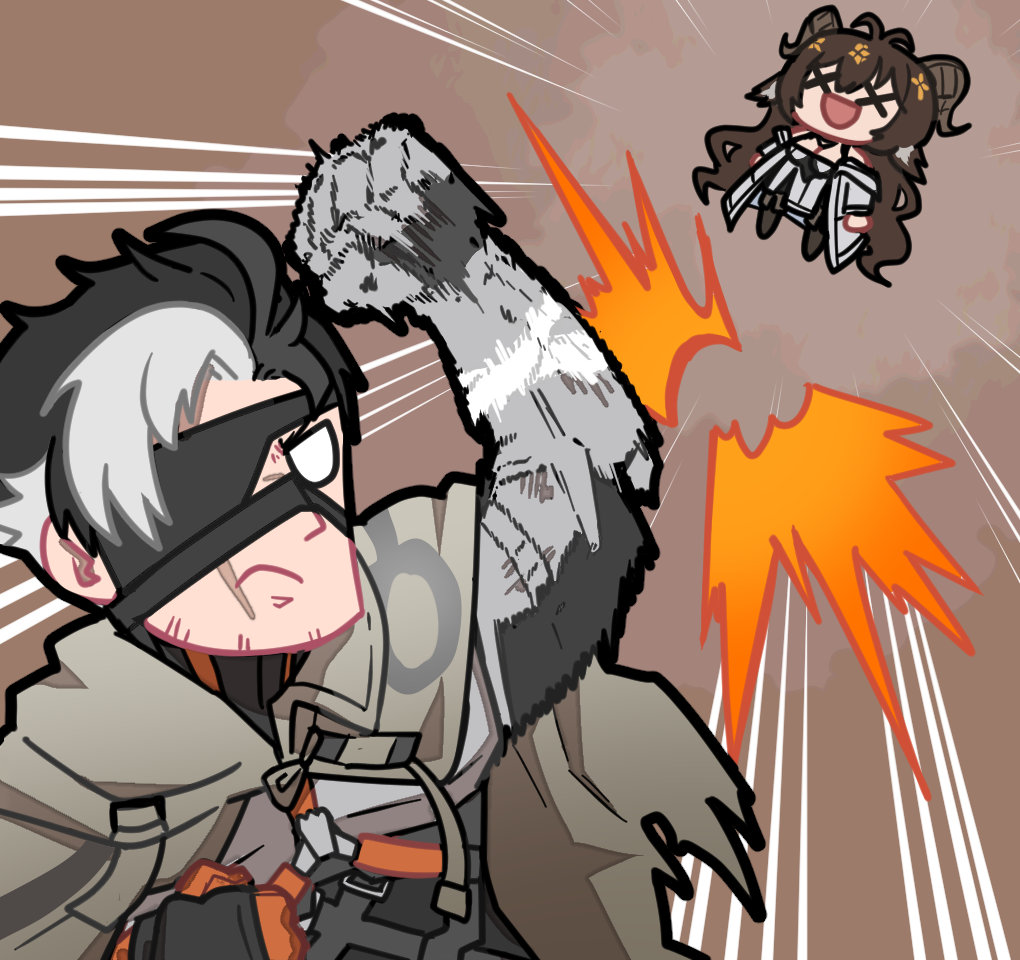 1boy 1girl artist_request baalia_(neural_cloud) black_hair blue_eyes brown_hair chibi chibi_only chinese_commentary eyepatch facial_hair girls&#039;_frontline girls&#039;_frontline_neural_cloud horns mature_male mechanical_arms motion_blur official_art punching python_(neural_cloud) scar scar_on_face scar_on_nose second-party_source single_mechanical_arm solid_eyes stubble white_hair