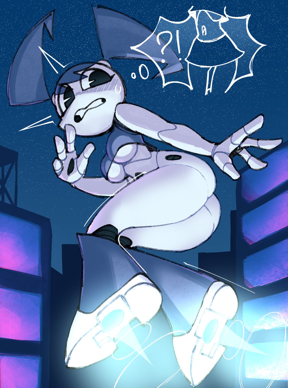 !? 1girl alternate_breast_size ass blue_hair blue_tank_top breasts clenched_teeth colored_skin cragscleft crop_top flying full_body hand_up highres jenny_wakeman joints large_breasts looking_at_viewer metal_skin midriff my_life_as_a_teenage_robot night night_sky no_pants outdoors robot_girl robot_joints rocket_boots sky solo speech_bubble star_(sky) starry_sky tank_top teeth thought_bubble thrusters twintails underboob white_skin