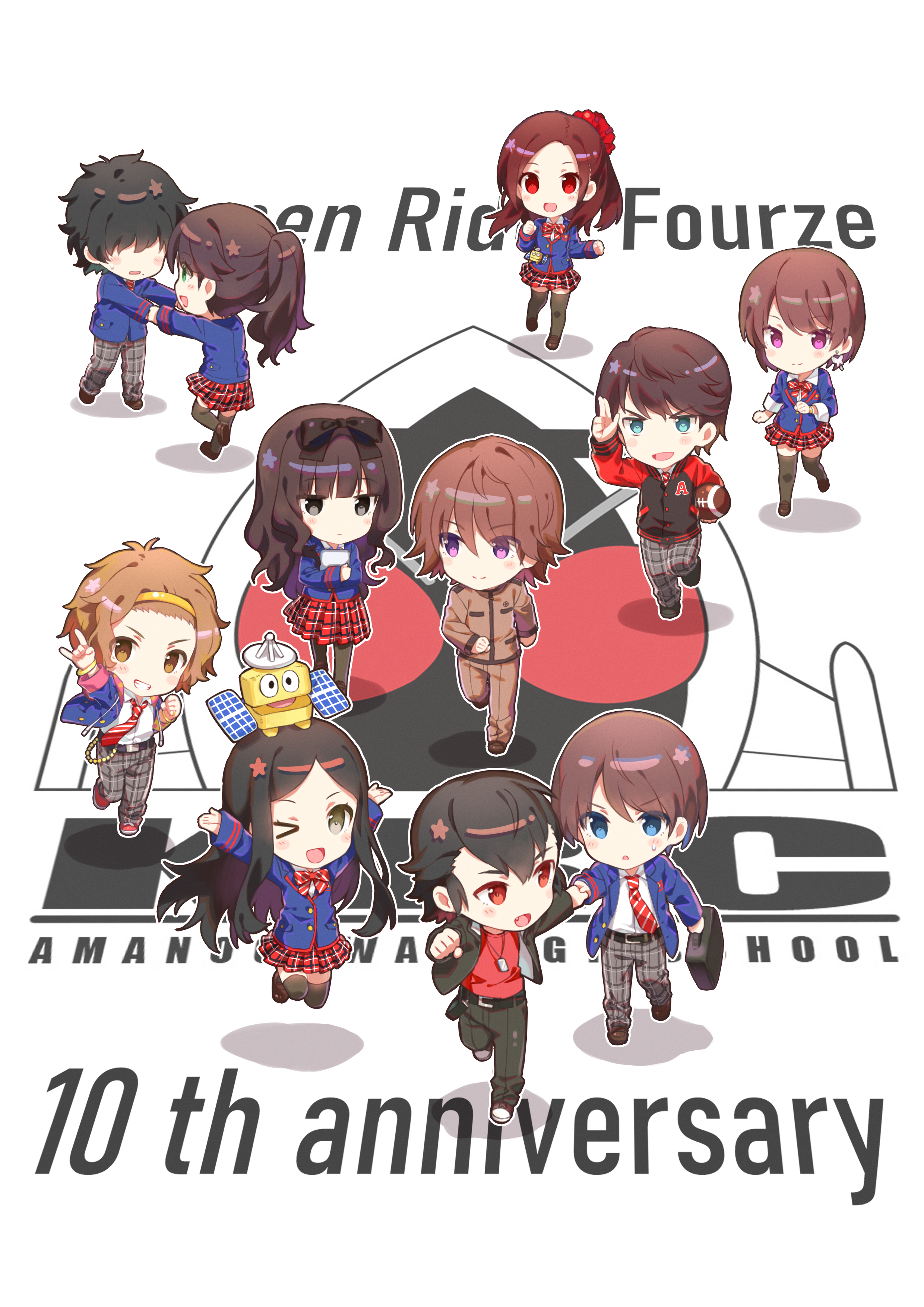 5boys 6+boys \m/ absurdres anniversary ball bow chibi daimonji_shun dog_tags earrings fang hair_bow hair_over_eyes hayabusa-kun highres jacket jewelry jk_(kamen_rider_fourze) joujima_yuuki kamen_rider kamen_rider_fourze kamen_rider_fourze_(series) kazashiro_miu kisaragi_gentarou kuroki_ran kusao_haru long_hair multiple_boys necktie nozama_tomoko ohki_miyoko one_eye_closed pantyhose ponytail sakuta_ryuusei salute school_uniform scrunchie shenbei_xiaoqiu smile suitcase tablet_pc thighhighs track_jacket two-finger_salute utahoshi_kengo