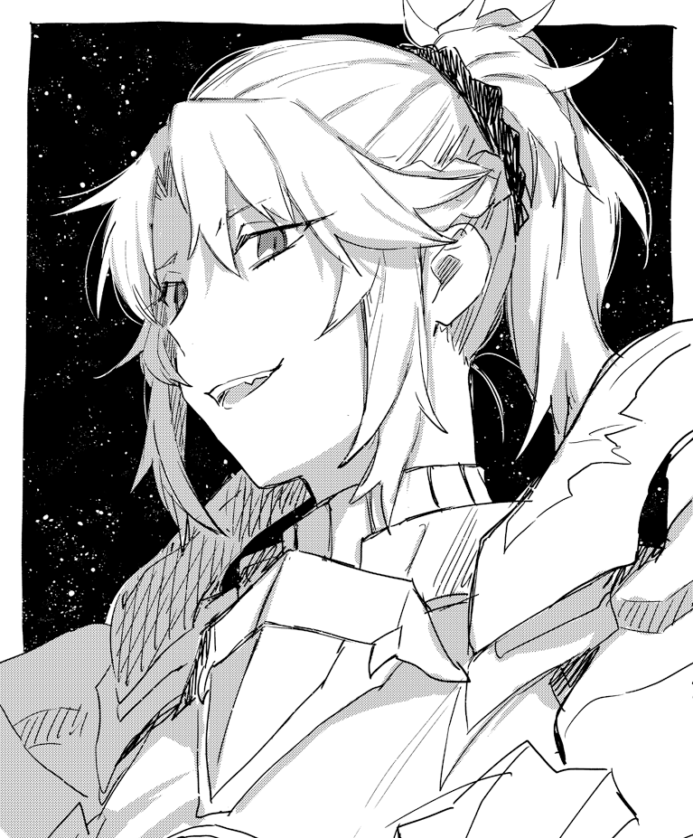 1girl :d armor border braid fang fate/apocrypha fate_(series) greyscale hair_ornament hair_scrunchie half_up_braid long_hair medium_hair monochrome mordred_(fate) mordred_(fate/apocrypha) open_mouth outside_border parted_bangs ponytail scrunchie sidelocks simple_background smile solo upper_body wani_(mezo)