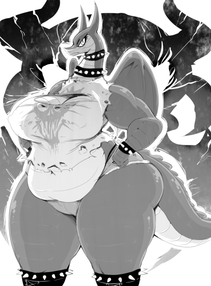 1girl breasts cleavage dragon furry horns large_breasts monochrome plump sunibee thick_thighs