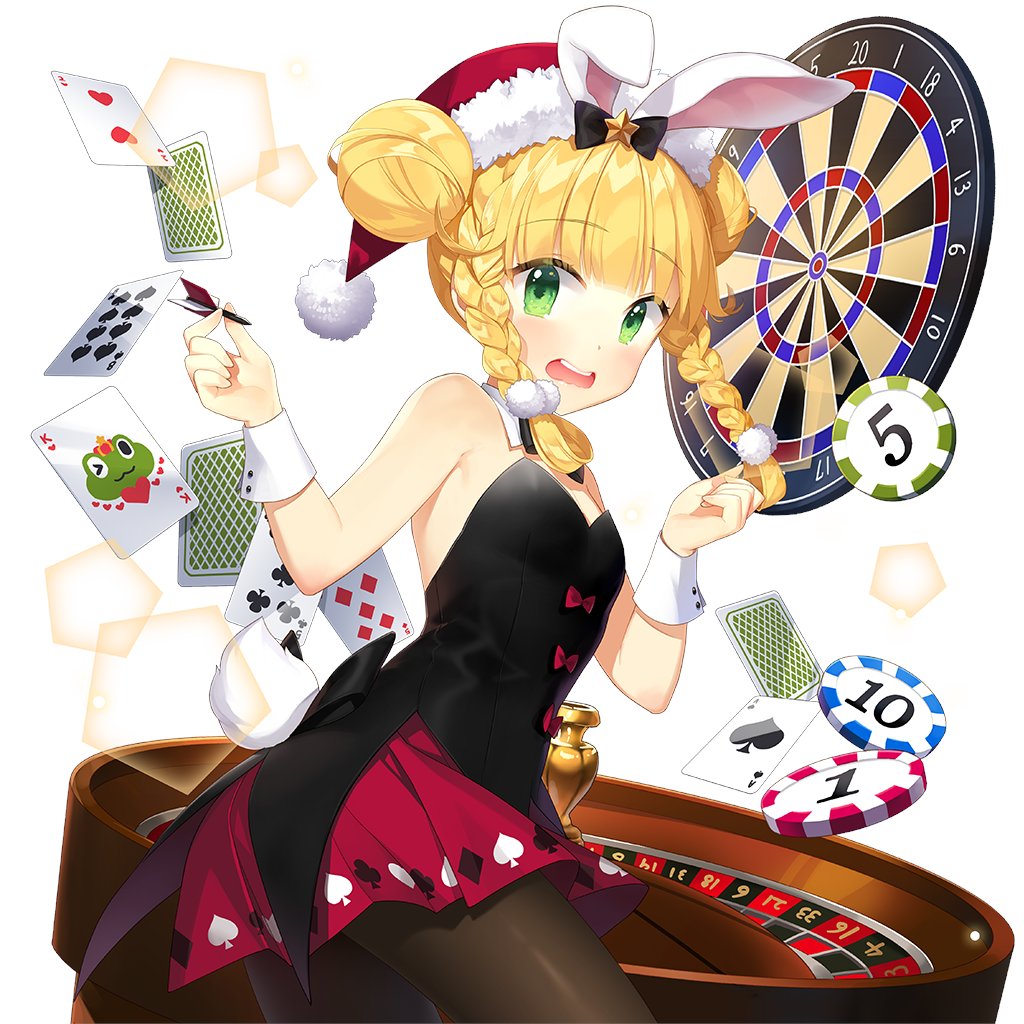 1girl animal_ears blonde_hair braid brown_pantyhose card casino double_bun green_eyes hair_bun hat leotard pantyhose playboy_bunny playing_card rabbit_ears rabbit_tail red_skirt roulette salt_(salty) santa_hat sapphire_emerald skirt tail twin_braids twintails uchi_no_hime-sama_ga_ichiban_kawaii