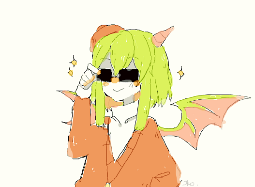 1girl blush demon_girl demon_wings funamusea green_hair haiiro_teien horns sakiroll single_horn smile sweater v wings yosafire_(funamusea)