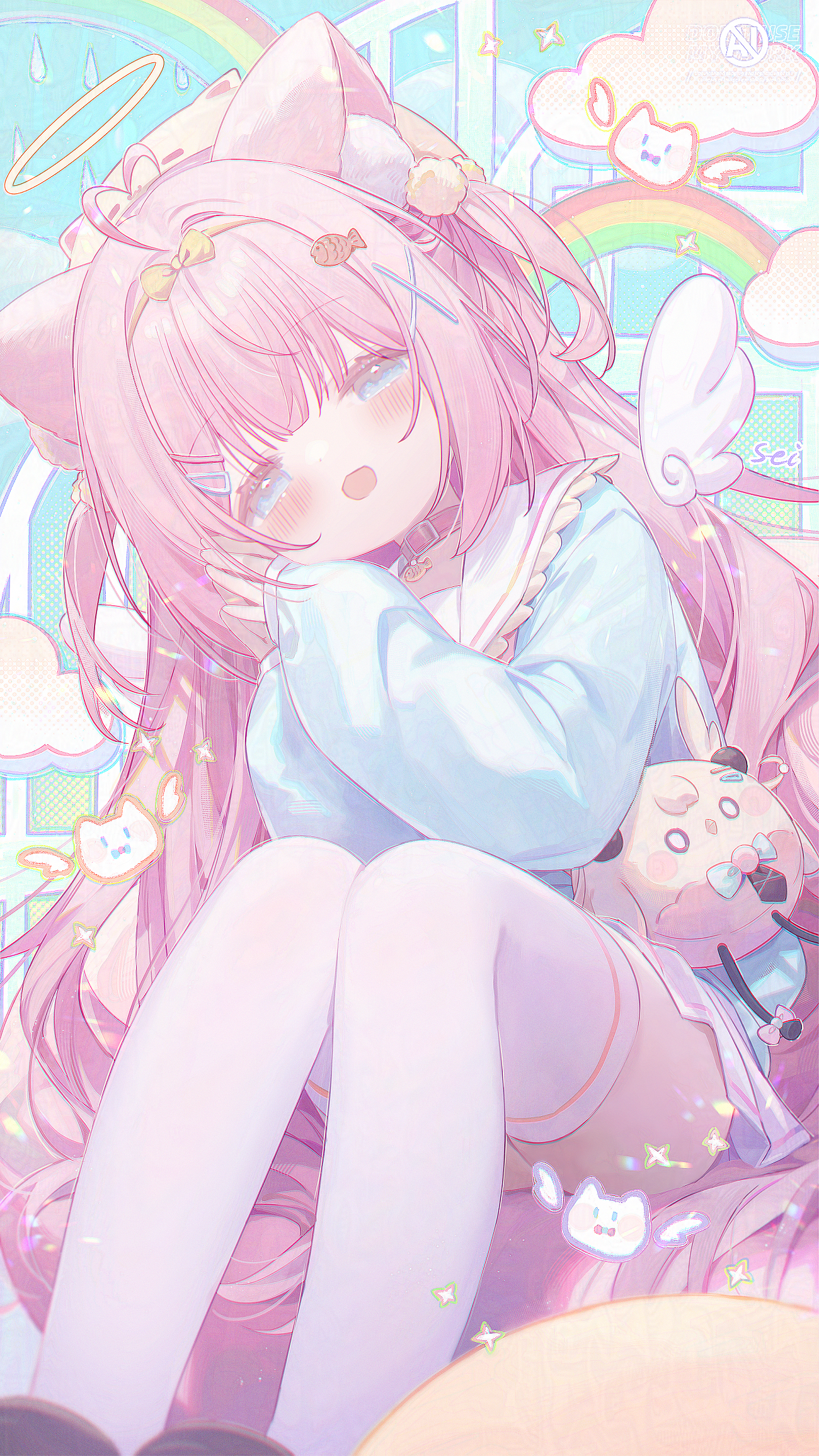 1girl ahoge animal_ear_fluff animal_ears bed blue_eyes blue_shirt cat_ears cat_girl choker cloud feet_out_of_frame fish_hair_ornament hair_ornament hair_over_hairband hairclip halo heart heart_ahoge highres long_hair long_sleeves looking_at_viewer on_bed open_mouth original own_hands_together pink_choker pink_hair pom_pom_(clothes) pom_pom_hair_ornament rainbow shirt sitting skirt sleeves_past_wrists smile solo stuffed_toy teardrop thighhighs umehara_sei very_long_hair watermark white_skirt white_thighhighs wings x_hair_ornament