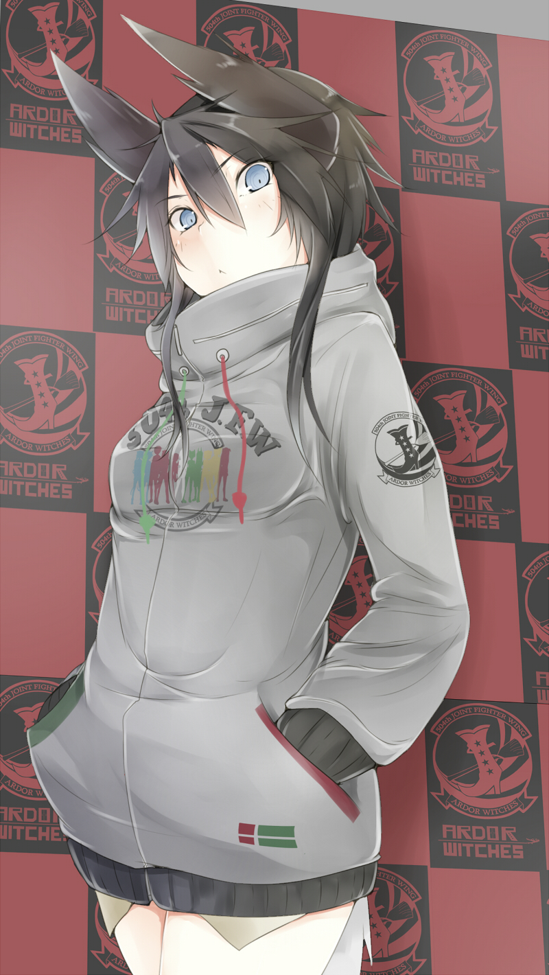 1girl 504th_joint_fighter_wing :&lt; alternate_costume amai_nekuta bird_tail black_hair blue_eyes blush dominica_s._gentile female_focus hands_in_pockets head_wings highres hood hoodie long_hair long_sleeves solo strike_witches strike_witches:_kurenai_no_majo-tachi tail wings world_witches_series