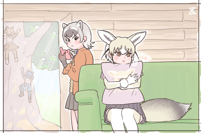 4girls animal_ears black_skirt blonde_hair bow bowtie climbing_tree crab-eating_raccoon_(kemono_friends) elbow_gloves extra_ears food fox_ears fox_girl fox_tail frilled_sleeves frills gloves grey_gloves grey_hair hair_between_eyes hikari_(kemono_friends) imnim_leef jacket japari_bun japari_symbol kemono_friends kemono_friends_3 large-spotted_genet_(kemono_friends) multicolored_hair multiple_girls hugging_object orange_eyes orange_jacket pillow pillow_hug pleated_skirt puffy_sleeves purple_bow purple_bowtie raccoon_ears raccoon_girl raccoon_tail rueppell&#039;s_fox_(kemono_friends) short_hair skirt tail thighhighs white_thighhighs yellow_gloves zettai_ryouiki