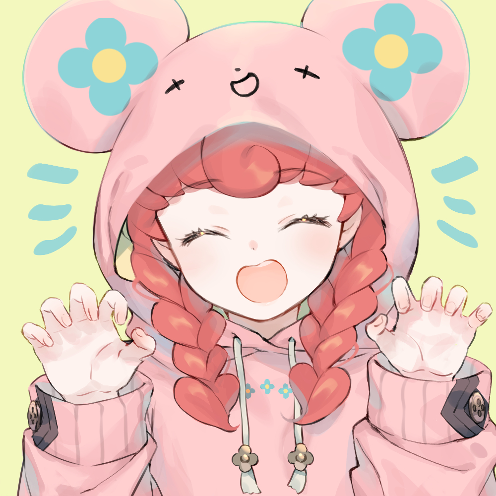 1girl :d ace_attorney alternate_costume alternate_hairstyle animal_ears animal_hood blush braid closed_eyes facing_viewer fake_animal_ears hood hood_up hoodie iris_wilson long_hair long_sleeves mouse_hood open_mouth red_hair shinobiya_fsaka simple_background smile solo the_great_ace_attorney twin_braids upper_body