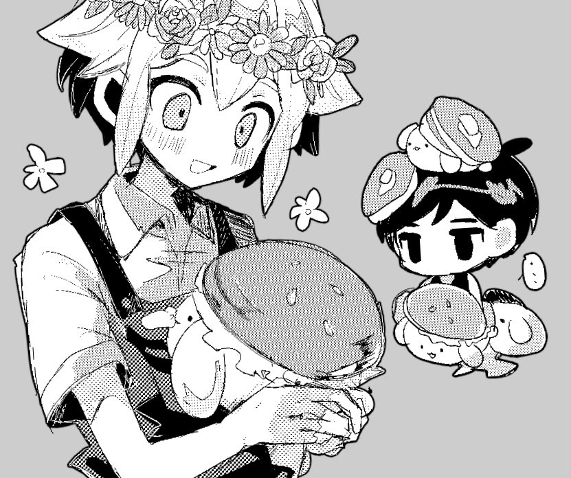 ... 2boys animal basil_(headspace)_(omori) basil_(omori) blush chibi collared_shirt expressionless fjsk flower greyscale hair_behind_ear hair_between_eyes head_wreath holding holding_animal looking_at_another monochrome multiple_boys no_mouth no_pupils omori omori_(omori) open_mouth overalls pancake_bunny_(omori) rabbit shirt short_hair short_sleeves sleeveless smile spoken_ellipsis tank_top upper_body