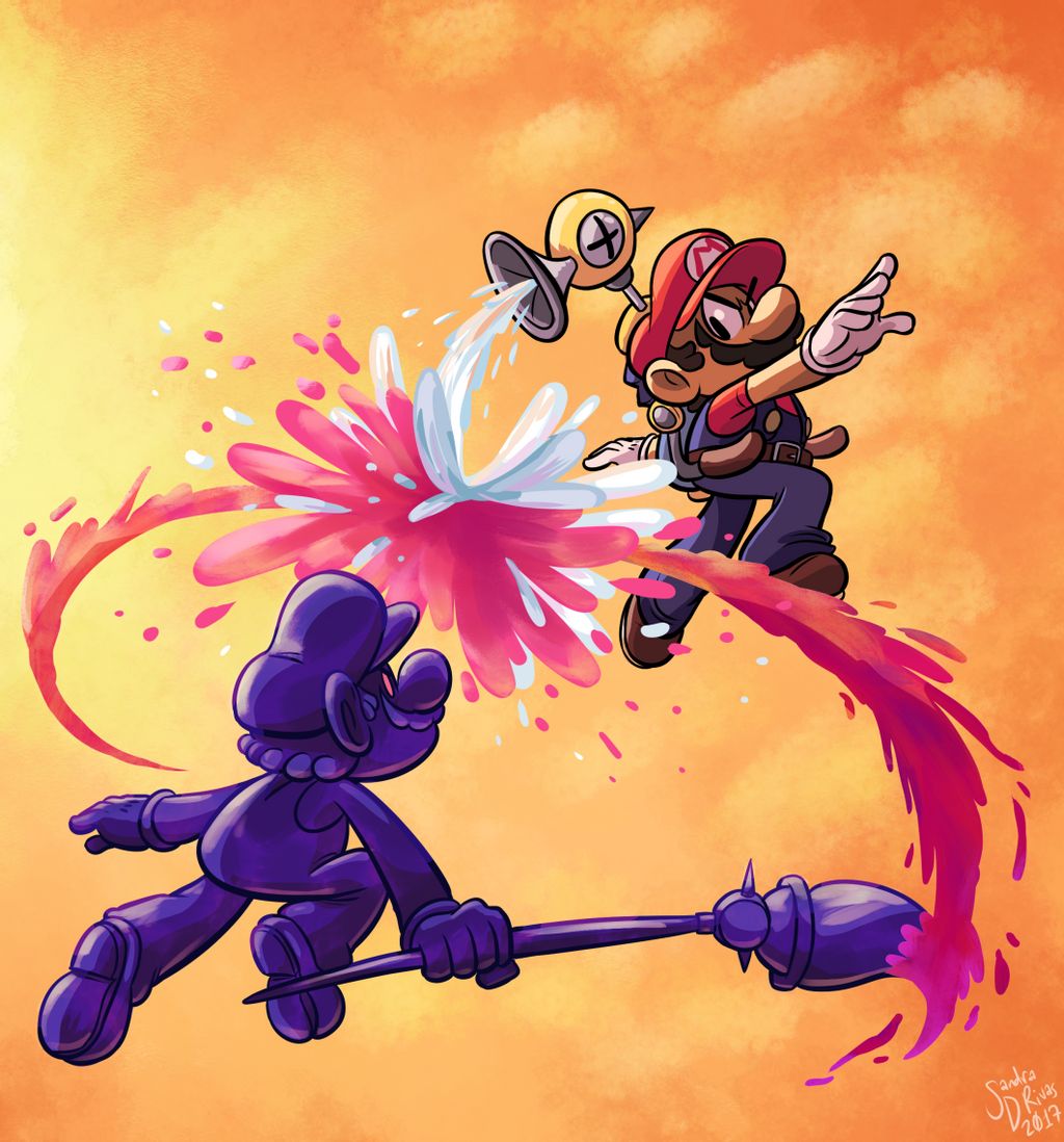 2boys angry blue_eyes clash clone dual_persona f.l.u.d.d. facial_hair full_body gloves hat jump mario mario_(series) multiple_boys mustache nintendo paint paintbrush red_eyes shadow_mario super_mario_sunshine water