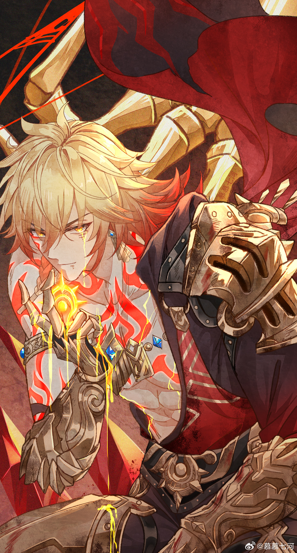 1boy 7-river abs arm_tattoo armlet armor armored_boots black_coat black_pants blonde_hair blood blood_on_clothes boots braid cape chest_tattoo chinese_commentary clawed_gauntlets coat commentary_request coreflame_(honkai:_star_rail) crystal earrings facial_tattoo glowing_tattoo gold_armlet gold_earrings gold_necklace gradient_hair hair_between_eyes highres honkai:_star_rail honkai_(series) jewelry liquid_gold looking_at_viewer male_focus medium_hair multicolored_hair mydei_(honkai:_star_rail) necklace open_clothes open_coat pants pauldrons red_cape red_hair red_tattoo shoulder_armor side_braid single_pauldron sitting solo tattoo tears thigh_strap toned toned_male yellow_eyes