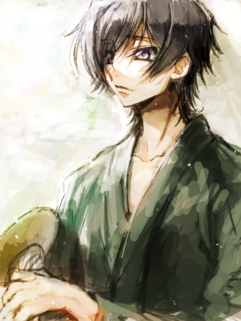 1boy black_hair c_(rahit) code_geass hand_fan japanese_clothes kimono lelouch_vi_britannia male_focus purple_eyes rahit solo